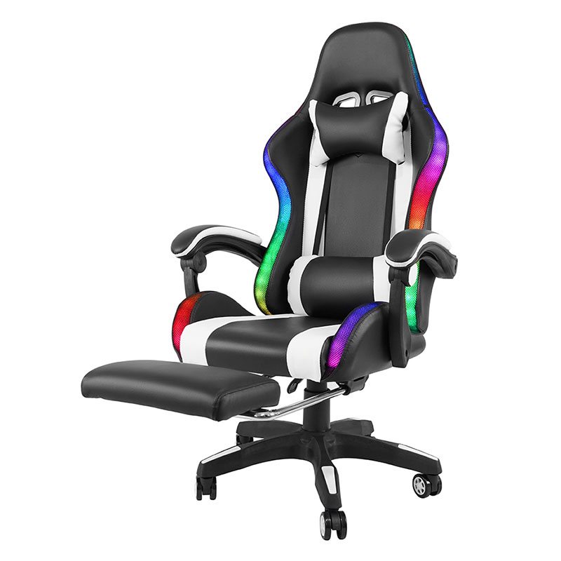 Scaun de gaming cu LED pentru cotieră reglabilă pentru gamer RGB profesional, pivotant, reclinabil, cu suport pentru picioare (Y-2442)